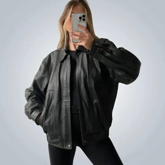 Vintage Classic Leather Bomber Jacket Unisex - Picture 5 of 6